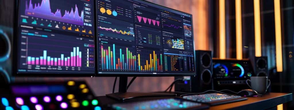 a vibrant computer screen displays a dynamic digital dashboard filled with colorful graphs and statistics, symbolizing the key strategies for successful ppc campaigns in a modern office setting illuminated by soft, focused lighting.